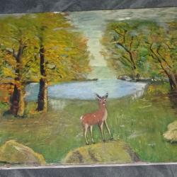 TABLEAU Á L'HUILE CHAMPÊTRE, BICHE, SOUS-BOIS, LAC