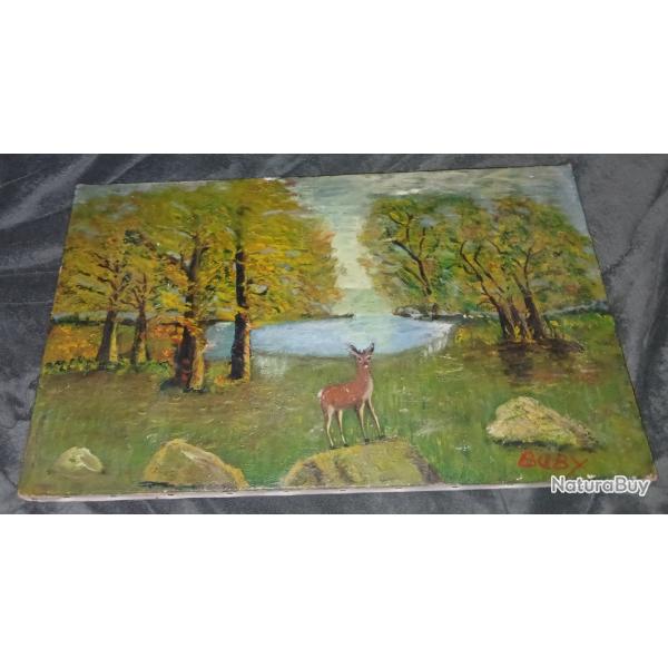 TABLEAU  L'HUILE CHAMPTRE, BICHE, SOUS-BOIS, LAC