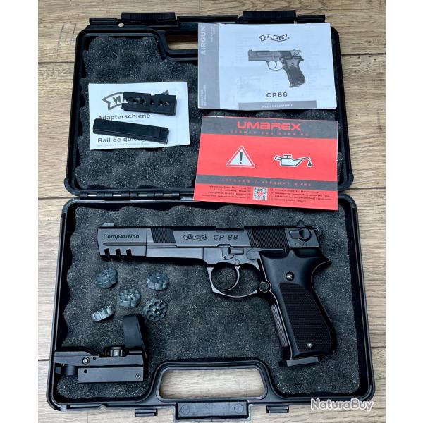 Pistolet CO2 Walther CP88 Competition 4,5 mm avec 5 chargeurs, rails et point rouge
