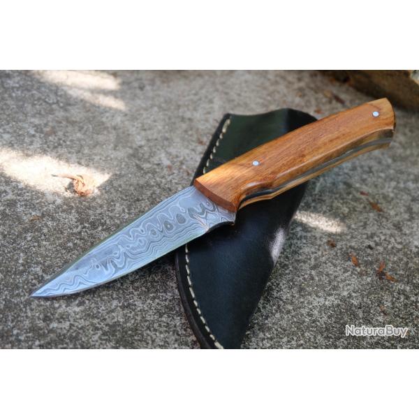 Puukko Couteau de Viking Damas Lame 256 Couches Manche Bois Fabr Artisanale Etui Simili Cuir