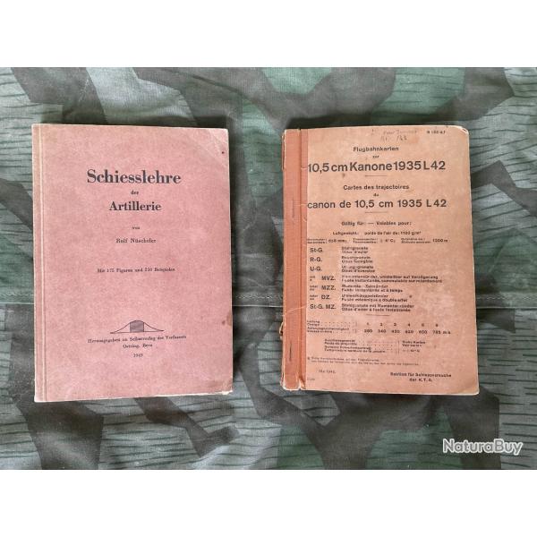 Manuels artillerie suisse 1949 - Schiesslehre + Cartes trajectoires canon 10,5cm
