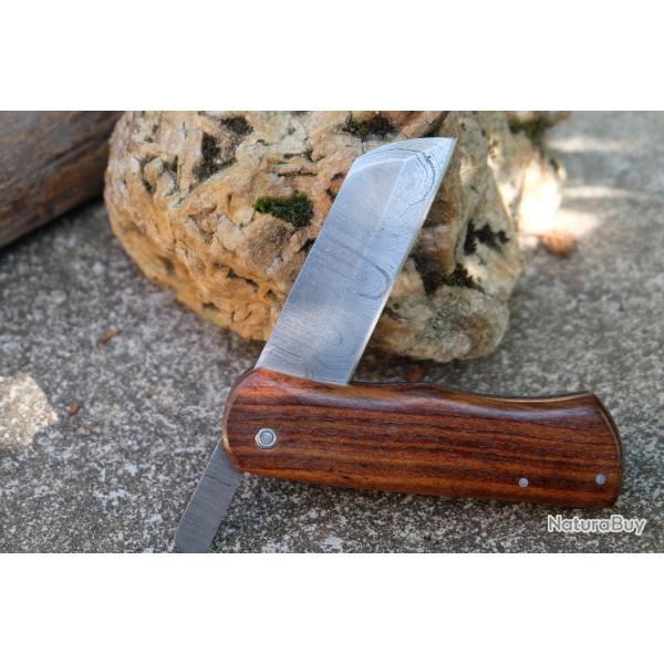 Couteau Pimontais Manche Bois Rosewood Lame Acier Damas 128 Couches Sheepsfoot Fabric Artisanale