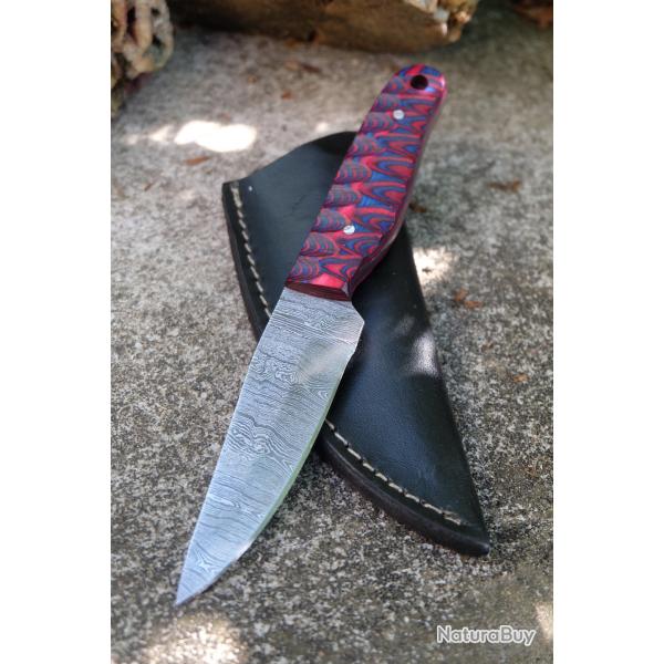 Skinner Couteau de Chasse Damas Lame 256 Couches Manche Bois Blue/Red 3D Fabr Artisanale Etui Cuir A