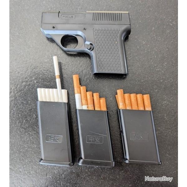 BRIQUET PISTOLET RECHARGEABLE GAZ AVEC 3 CHARGEURS DE CIGARETTES CLASSIQUES OU FINES