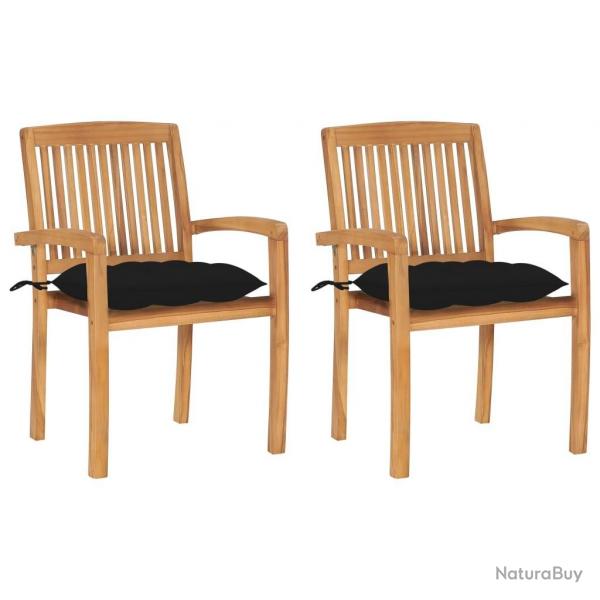 Chaises de jardin lot de 2 et coussins noir Bois de teck massif