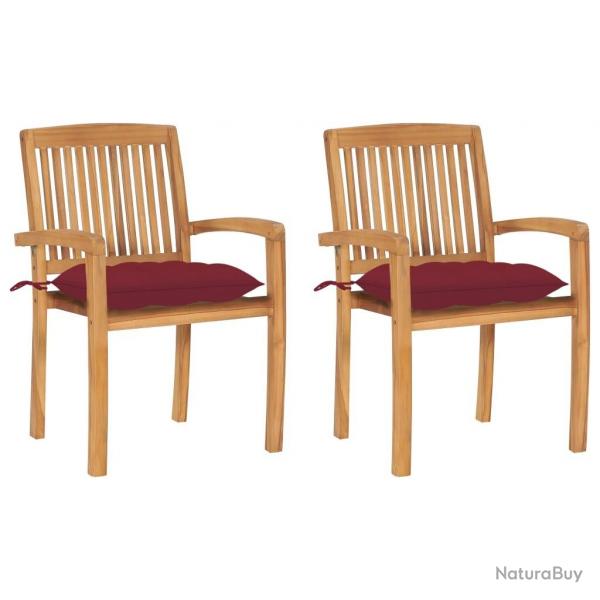 Chaises de jardin lot de 2 avec coussins bordeaux Teck massif