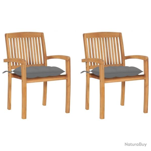 Chaises de jardin lot de 2 et coussins gris Bois de teck massif