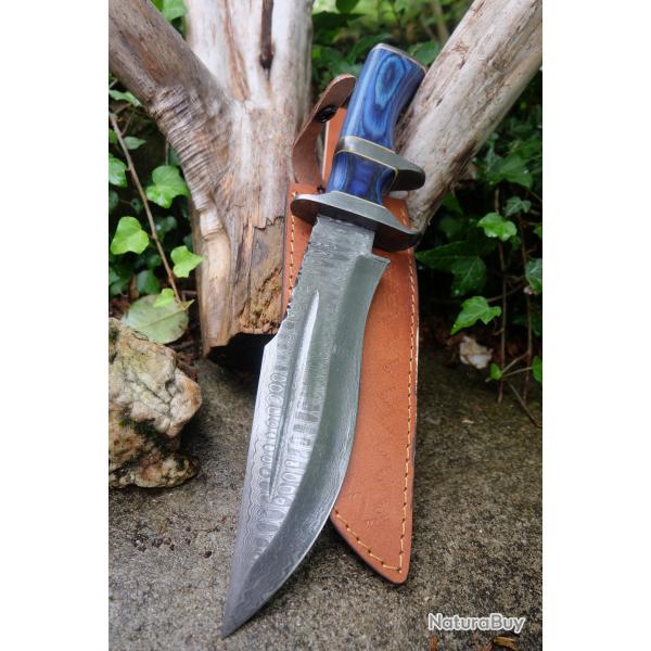 Poignard De Chasse Sub-Hilt Fighter Lame Acier Damas 256 Couches Manche Bois Etui Cuir F Artisanale