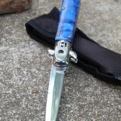 Stiletto Couteau Automatique Mafia Parrain Lame Acier 440 Manche Abs Blue Sécurité Bouton Etui Nylon