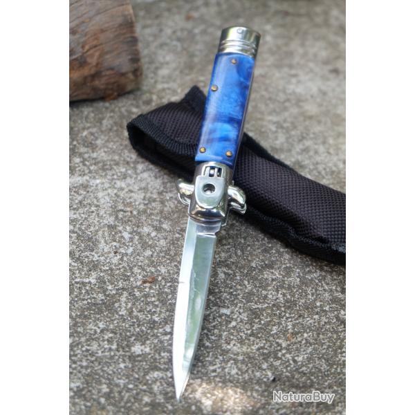 Stiletto Couteau Automatique Mafia Parrain Lame Acier 440 Manche Abs Blue Scurit Bouton Etui Nylon