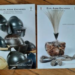 Deux catalogues de vente aux enchères thème Adrian, casques à pointe, médailles, militaria...