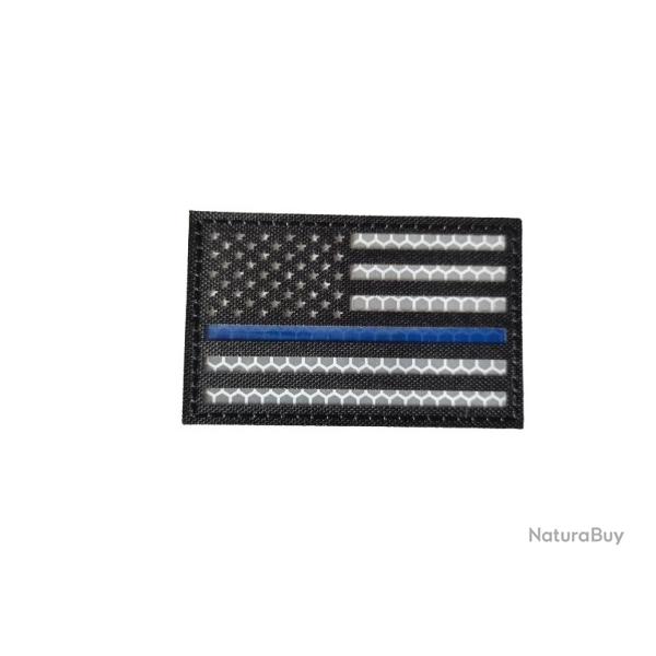 Patch Drapeau - Etats-Unis - Noir/blanc - Ligne bleue - Rflchissant - Velcro - Livraison gratuite