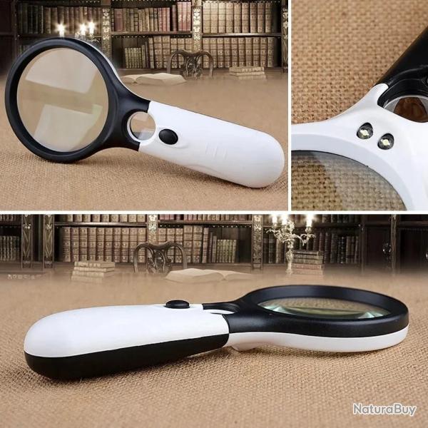 Loupe blanche portative 45X avec 3 lumires LED pour la lecture Loupe de bijoux