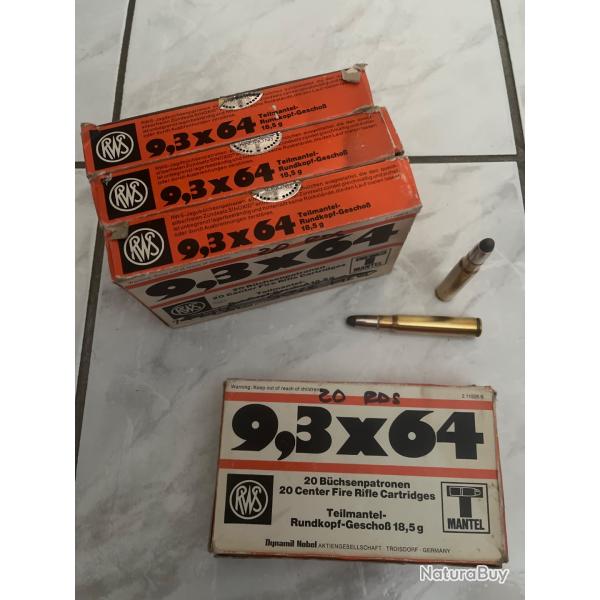 80 balles RWS 9.3x64 Teil Mantel 18.5 grammes