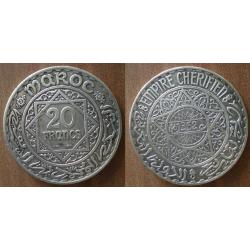 Maroc 20 Francs 1933 1352 Piece Argent Empire Cherifien