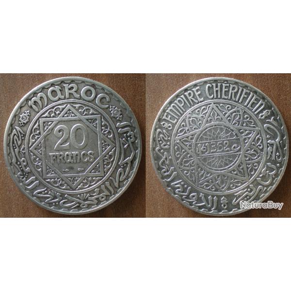 Maroc 20 Francs 1933 1352 Piece Argent Empire Cherifien