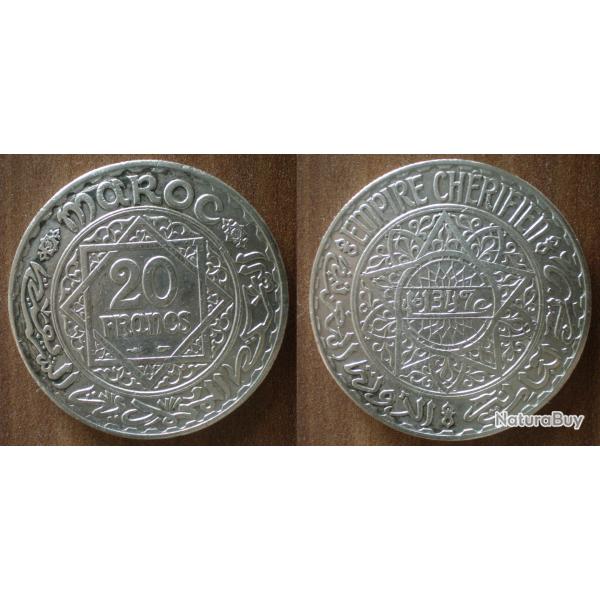 Maroc 20 Francs 1933 1352 Piece Argent Empire Cherifien