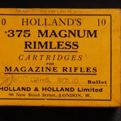 375 H&H HOLLAND HOLLAND LONDON 375 MAGNUM RIMELESS MUNITION BOITES CARTON 10 CARTOUCHES 300grains Tr