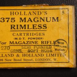 375 H&H HOLLAND HOLLAND LONDON 375 MAGNUM RIMELESS MUNITION BOITES CARTON 5 CARTOUCHES 270grains Trè