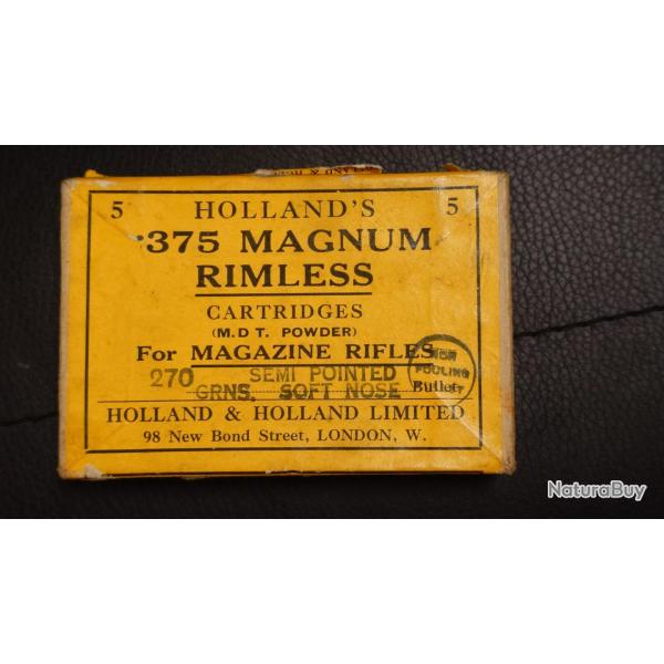 375 H&H HOLLAND HOLLAND LONDON 375 MAGNUM RIMELESS MUNITION BOITES CARTON 5 CARTOUCHES 270grains Tr