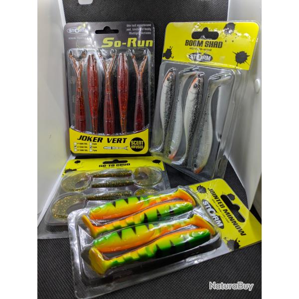 Lot leurres STORM / lot de 4 blisters,BOOM SHAD + JOCKER+MINNOW+GO TO GRUB
