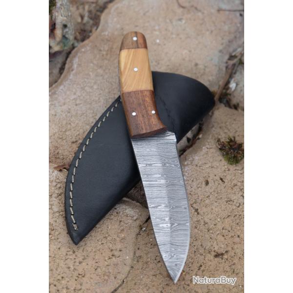Couteau Skinner Damas Lame Drop Point Acier 256 Couches Manche 2 Bois Etui Cuir Fabr Artisanale