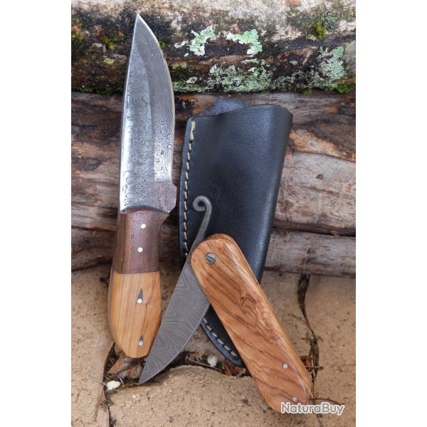 Lot de 2 Couteaux:  Skinner Damas Lame 256 Couches Etui Cuir + Pimontais Lame 128 Couches Artisanat
