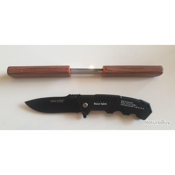 1 Couteau tactique Cold Steel Black Sable + cadeau double couteau droit et Tanto