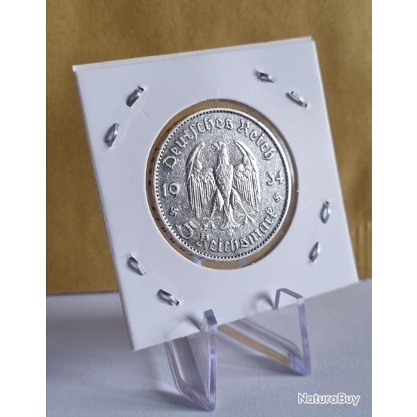 Trs Rare 5 Reichsmark Argent 1934 J Commmorative Avec Date , Allemagne , IIIme Reich , WW2 , WWII
