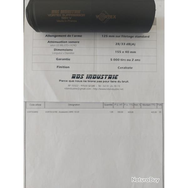Rducteur de son "professionnel". RDS VORTEX 8. Pour tous calibres 30.( 7mm) 308, 7,62, 7.64.30,06 .