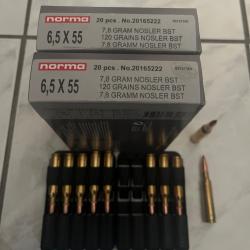 40 balles calibre 6.5x55 SE Norma Nosler BST 7.8 grammes