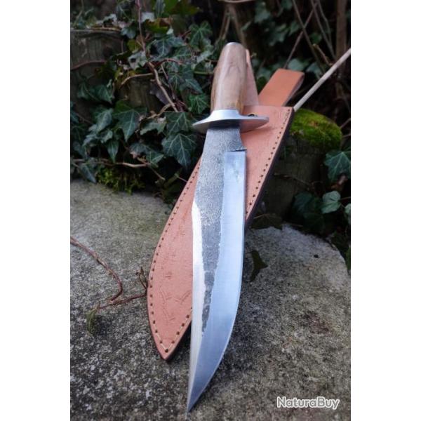 Poignard Bowie Couteau Crocodile Dundee Lame Acier Carbone 1075 Manche Bois Etui Cuir Fab Artisan 00