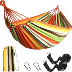 Hamac Portable 2 Personnes 270x150cm Coton Charge 300 kg Haute Résistance Lit pour Camping Orange