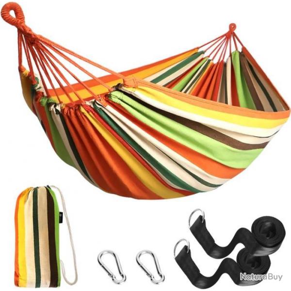 Hamac Portable 2 Personnes 270x150cm Coton Charge 300 kg Haute Rsistance Lit pour Camping Orange