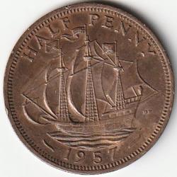 Pièce de Monnaie Angleterre 1/2 penny - Elizabeth II 1re effigie, sans "BRITT:OMN:" 1957