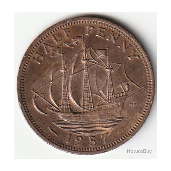 Pice de Monnaie Angleterre 1/2 penny - Elizabeth II 1re effigie, sans "BRITT:OMN:" 1957