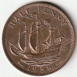 Pièce de Monnaie Angleterre 1/2 penny - Elizabeth II 1re effigie, sans "BRITT:OMN:" 1958