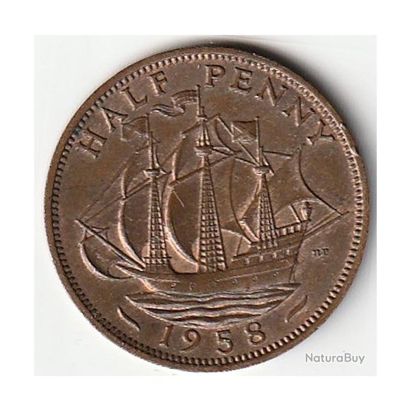 Pice de Monnaie Angleterre 1/2 penny - Elizabeth II 1re effigie, sans "BRITT:OMN:" 1958