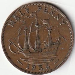 Pièce de Monnaie Angleterre 1/2 penny - Elizabeth II 1re effigie, sans "BRITT:OMN:" 1956