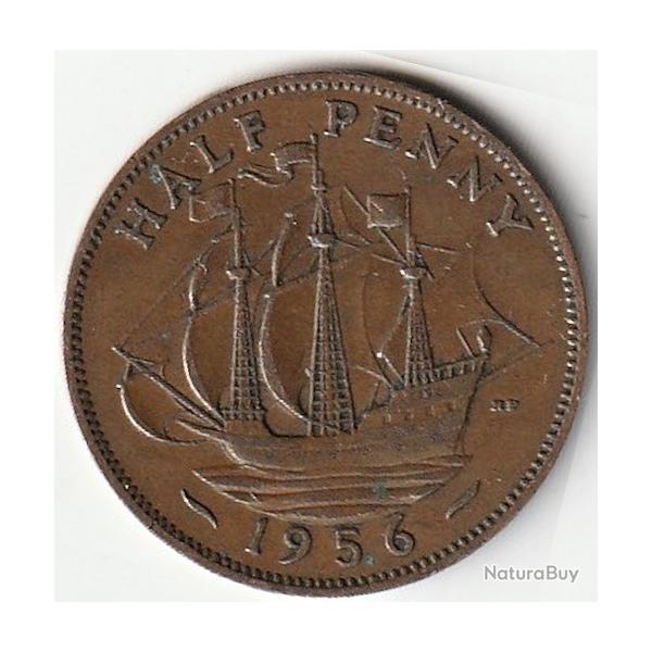 Pice de Monnaie Angleterre 1/2 penny - Elizabeth II 1re effigie, sans "BRITT:OMN:" 1956