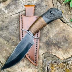 couteau bowie d'artisan / manche sculpté tête de bison