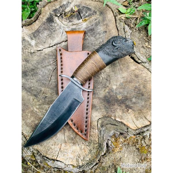 couteau bowie d'artisan / manche sculpt tte de bison