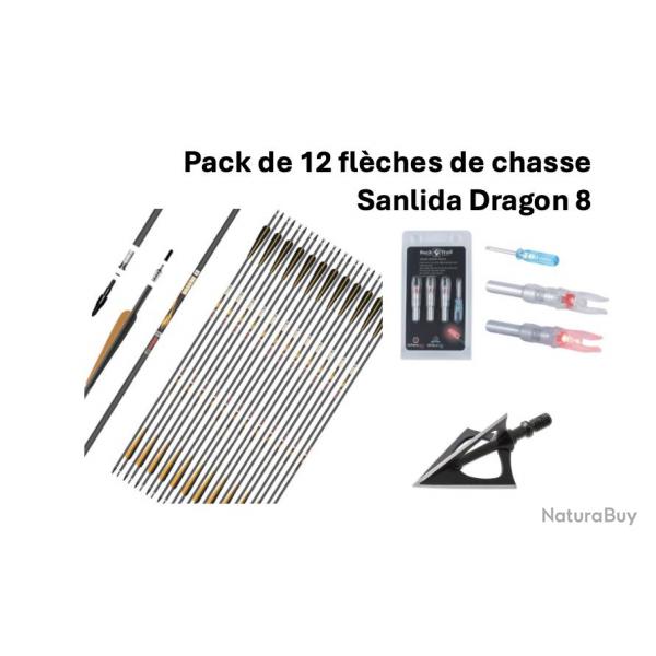 Pack de 12 flches Sanlida Dragon 8 + lames + encoches lumineuses Bleu