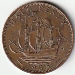 Pièce de Monnaie Angleterre 1/2 penny - Elizabeth II 1re effigie, sans "BRITT:OMN:" 1965