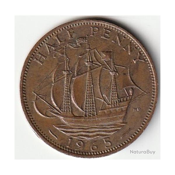 Pice de Monnaie Angleterre 1/2 penny - Elizabeth II 1re effigie, sans "BRITT:OMN:" 1965