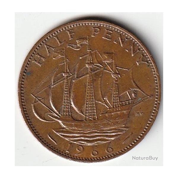 Pice de Monnaie Angleterre 1/2 penny - Elizabeth II 1re effigie, sans "BRITT:OMN:" 1966