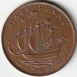 Pièce de Monnaie Angleterre 1/2 penny - Elizabeth II 1re effigie, sans "BRITT:OMN:" 1967