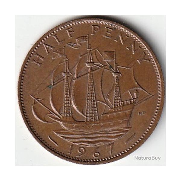 Pice de Monnaie Angleterre 1/2 penny - Elizabeth II 1re effigie, sans "BRITT:OMN:" 1967