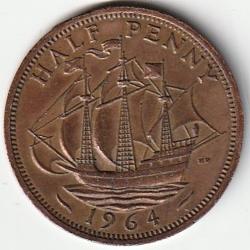 Pi&egrave;ce de Monnaie Angleterre 1/2 penny - Elizabeth II 1re effigie, sans "BRITT:OMN:" 1964