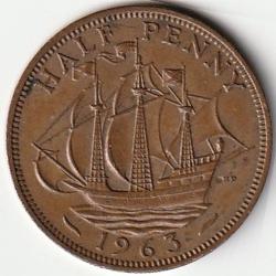 Pi&egrave;ce de Monnaie Angleterre 1/2 penny - Elizabeth II 1re effigie, sans "BRITT:OMN:" 1963
